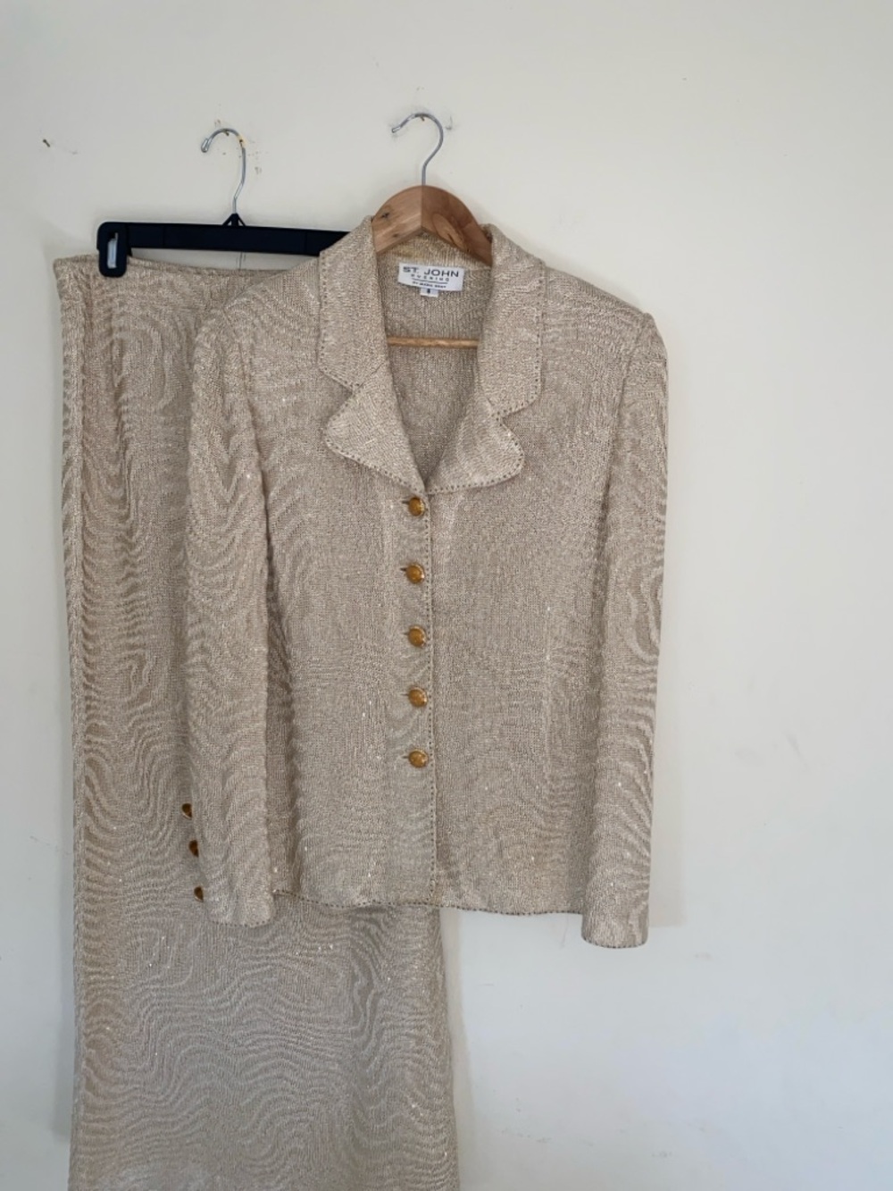 St. John Evening Metallic Knit Top Skirt Set in Champagne with Metallic Glint - Picture 2 of 15